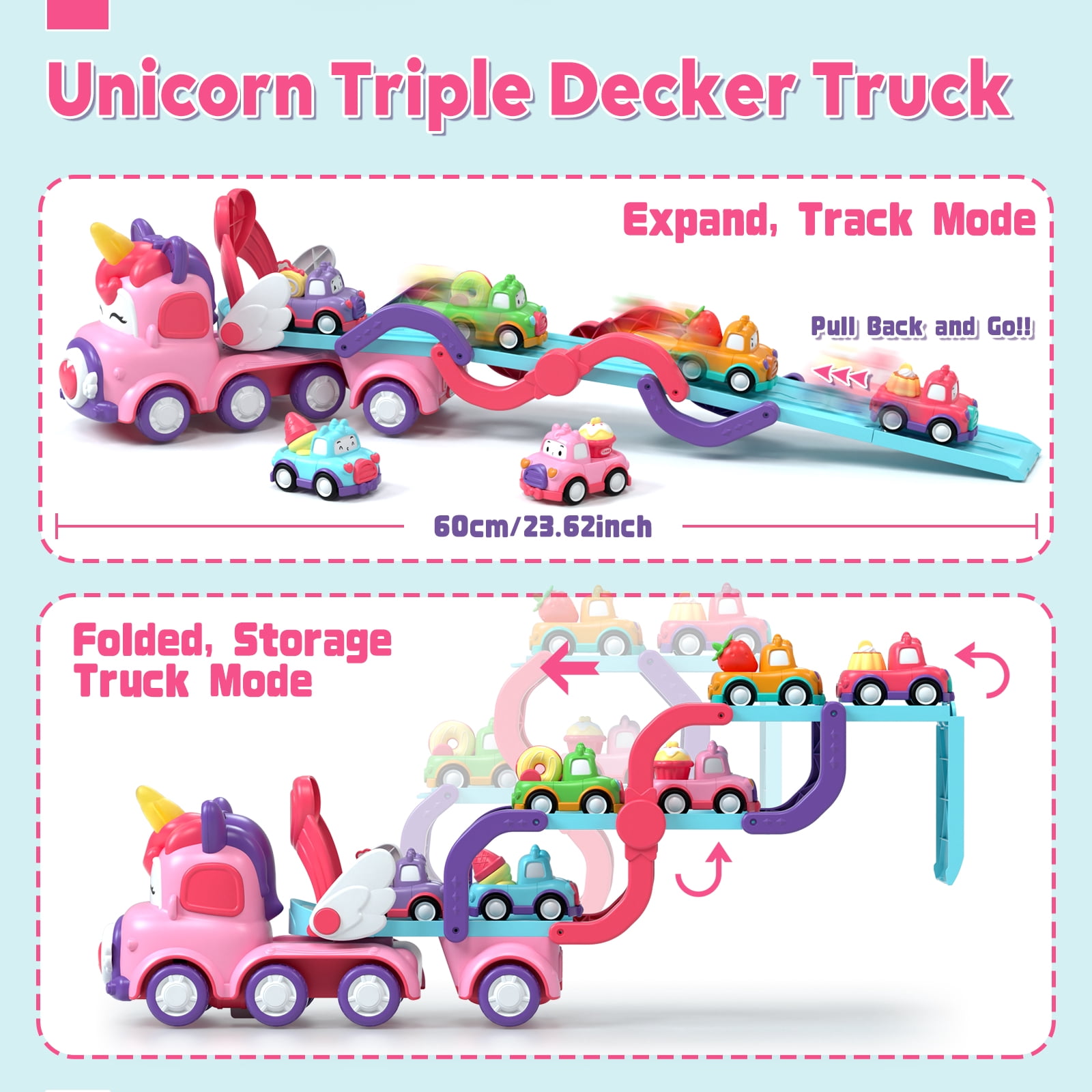 Toddler Girl Toys, 7-in-1 Toy Cars for Girls with Lights & Music, 2 Year Old Girl Toys, Unicorn Toys, Car Carrier Truck Toy, Toys for 1 2 3 Year Old Girls