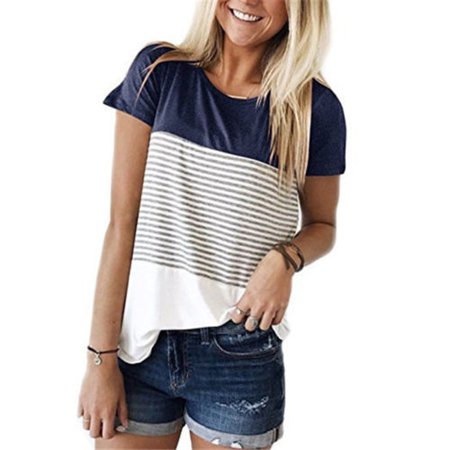

Women Maternity Breastfeeding Tee Nursing Tops Striped Short Sleeve T-shirt Navy Blue Size S
