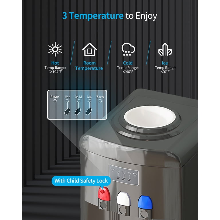 TABU 3-in-1 Water Dispenser With Ice Maker – 33LBS/24H Ice Production, Hot/Cold/Room Water, Fits 3-5 Gallon Bottles, Child Safety Lock, Black