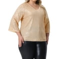 thumbnail image 2 of DARING DIVA Women's Plus Sequin 3/4 Sleeve V Neck Glitter Top 3X Champagne, 2 of 6