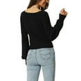 thumbnail image 3 of INSPIRE CHIC Women's Bishop Long Sleeve Square Neck Stretch Ribbed Knit Slim Fit Solid Crop Sweater Top S Black, 3 of 7