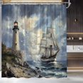 thumbnail image 4 of Lighthouse Shower Curtain Ocean Beach Coastal Sailboat Seagull Sea Wave Nautical Seascape Fabric Bathroom Decor Set-72"W x 96"L (Pack of 1), 4 of 6