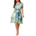 thumbnail image 3 of Allegra K Women's Flutter Sleeve V Neck Belted Chiffon Leaf Prints Dress, 3 of 7