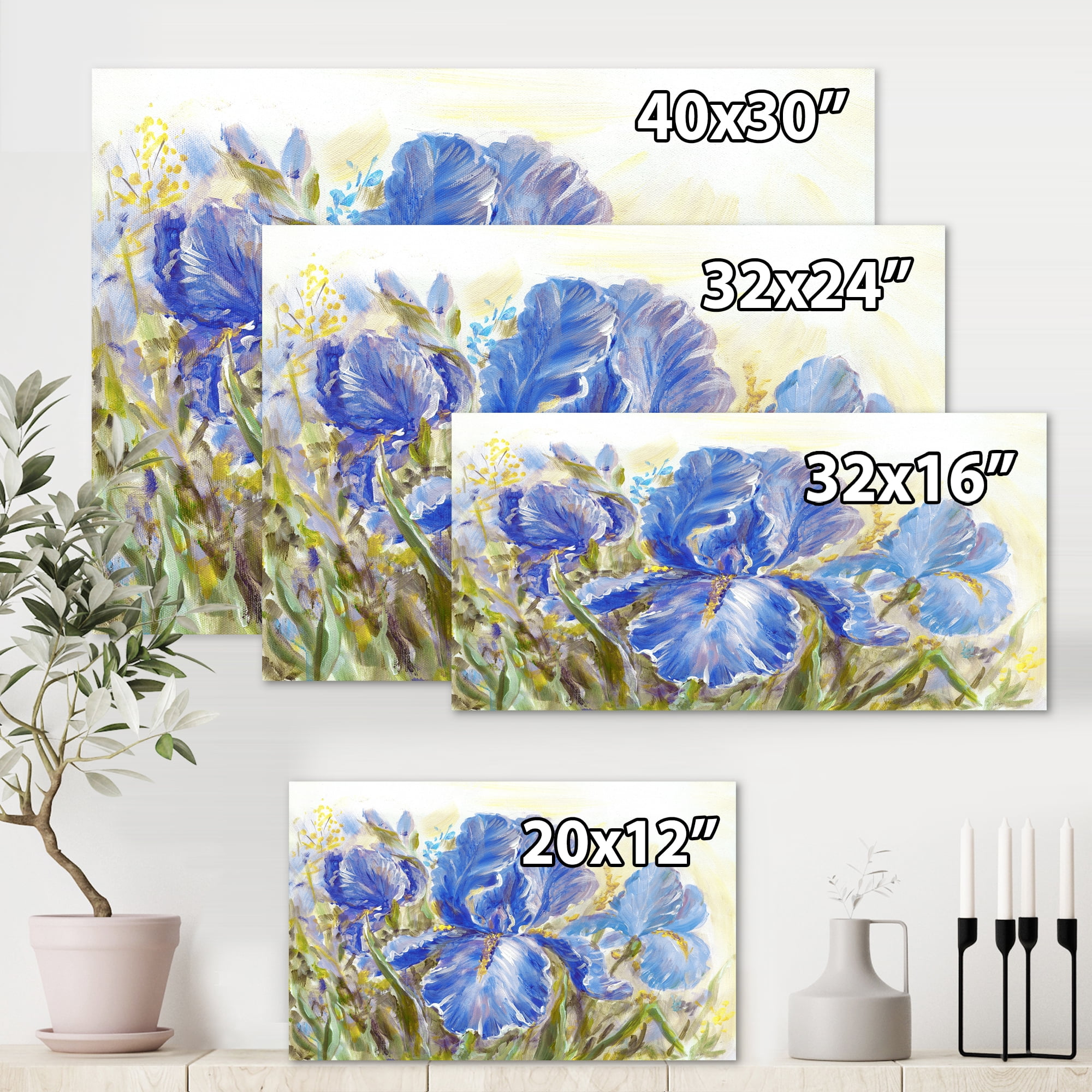 Designart ' Blue Irises Blossoming Flowers ' Traditional Canvas Wall Art Print