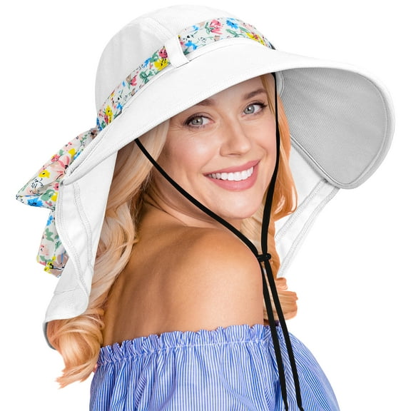 Sun Blocker Large Bill Neck Flap Women Sun Hat UPF 50  Wide Brim UV Protection With Ribbon Adjustable Drawstring White