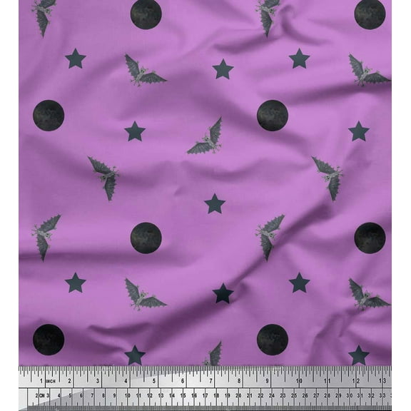 Soimoi Purple Cotton Voile Fabric Moon,Star & Bats Halloween Printed Craft Fabric by the Yard 42 Inch Wide