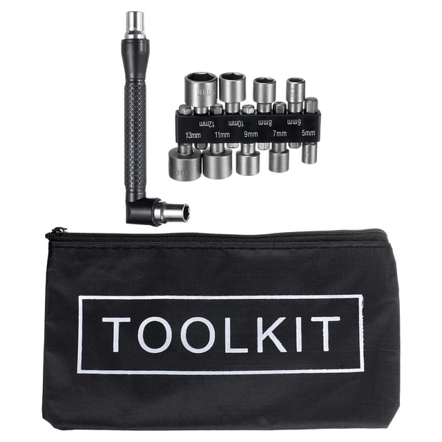 Juego de 11 piezas de brocas para destornillador de tuercas Uxcell 5/6/7/8/9/10/11/12/13mm Métrico 6-Punto Socket de Taladro 1/4" Hex Shank con Llave Manual en forma de L y Bolsa de Almacenamiento