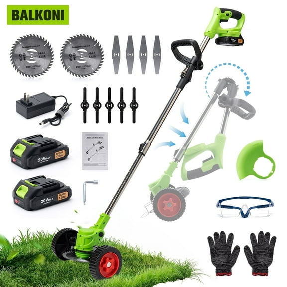 Electric Weed Wacker, Cordless String Trimmer with Wheels, 2Pcs 20V Batteries, 3 Types of Blades, Adjustable Length, Weed Eater Grass Trimmer/Edger/Brush Cutter for Lawn Yard Garden
