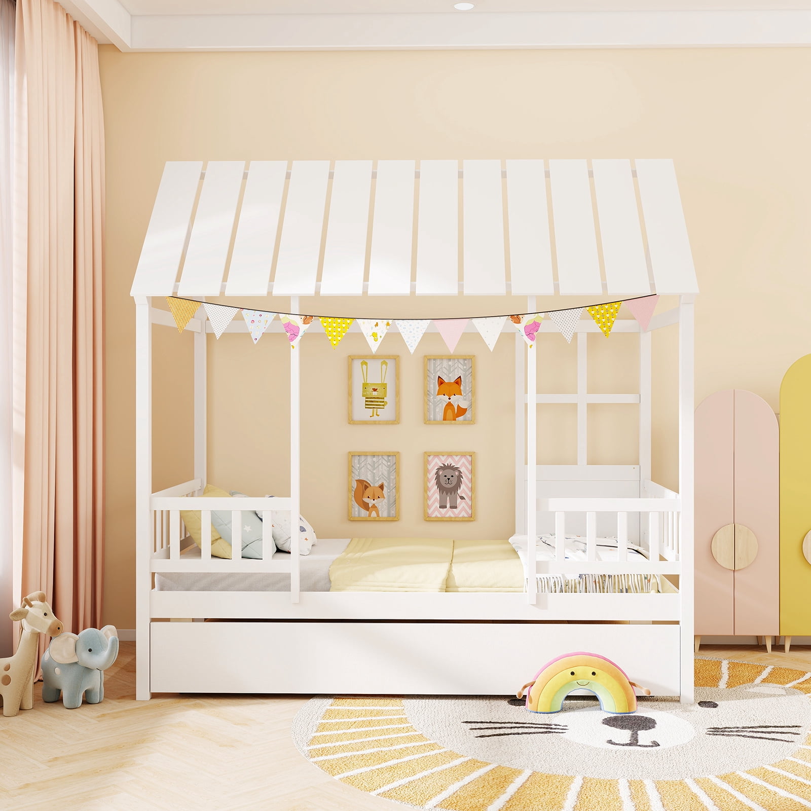 Gymax Twin Size House Bed w/ Trundle Roof Window & Safety Guardrails Slats Support