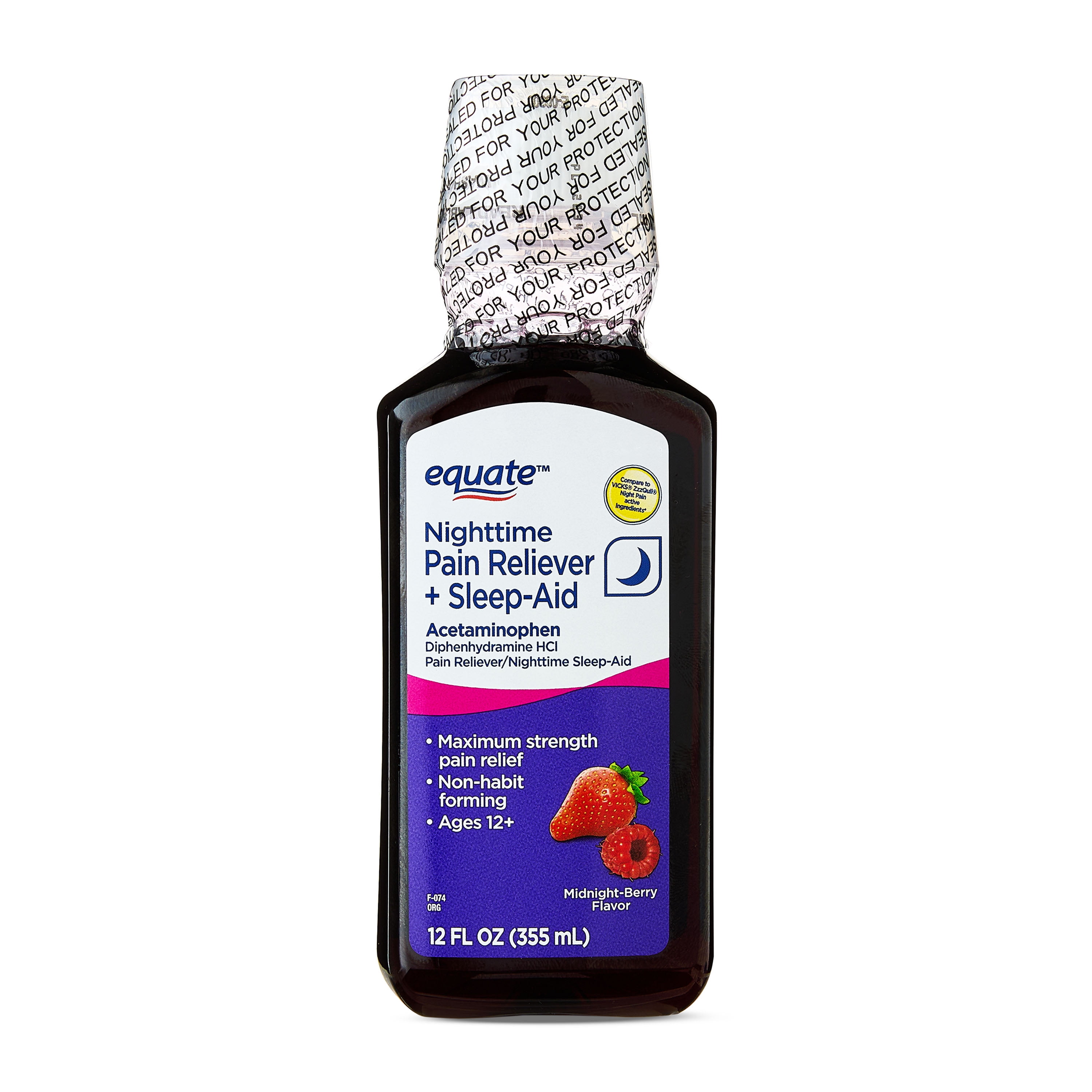 (2 pack) Equate Alcohol-Free Nighttime Pain Reliever+Sleep-Aid Liquid, Acetaminophen 1000mg Diphenhydramine 50 mg, Midnight Berry Flavor, 12 fl oz