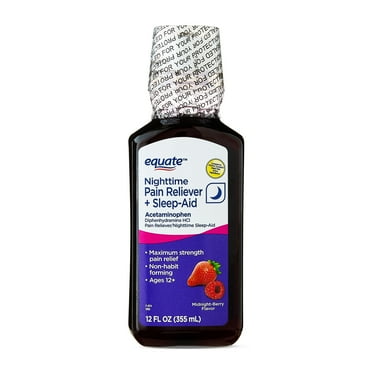 Equate Alcohol-Free Nighttime Pain Reliever Sleep-Aid Liquid, Acetaminophen 1000mg Diphenhydramine 50 mg, Midnight Berry Flavor, 12 fl oz