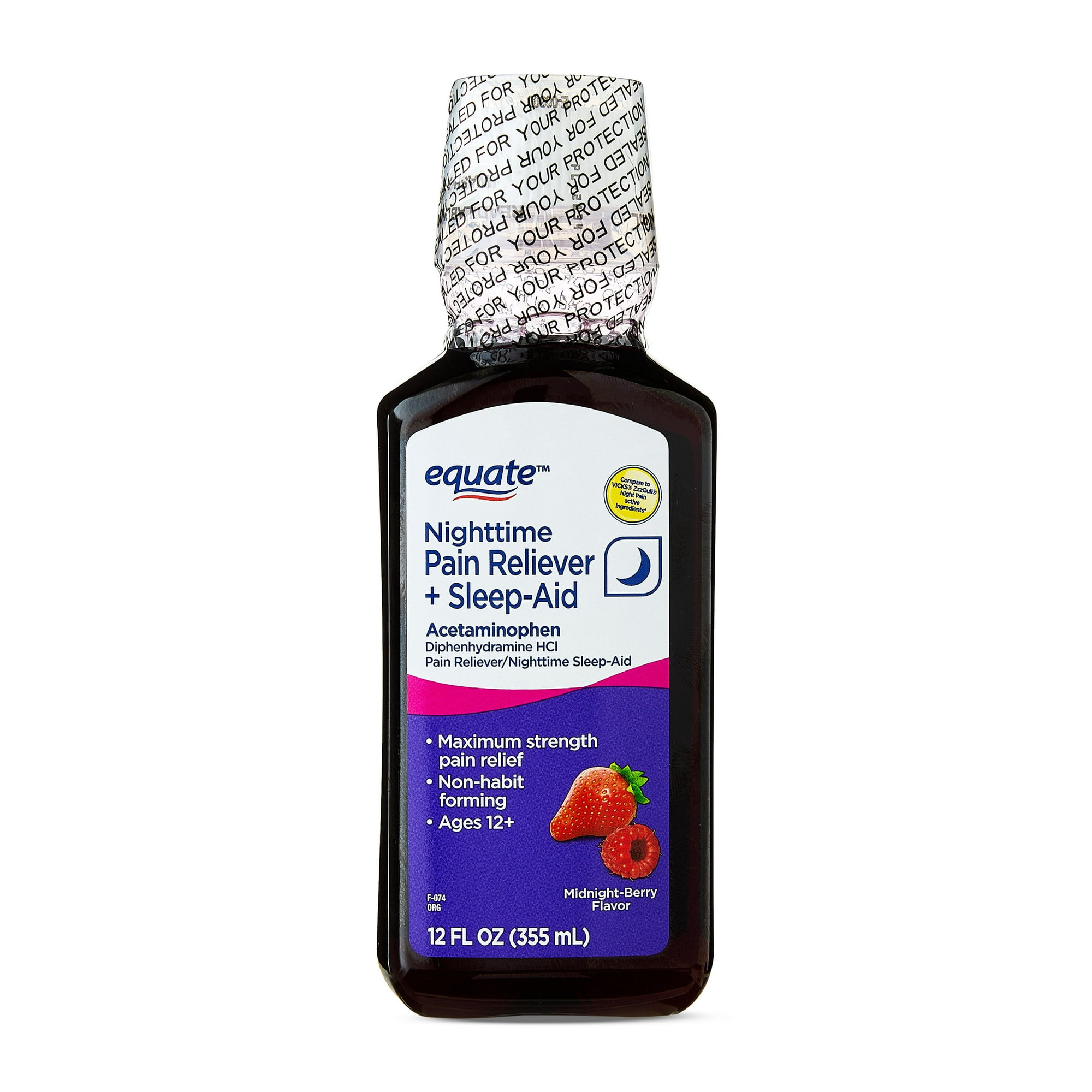 Equate Alcohol-Free Nighttime Pain Reliever+Sleep-Aid Liquid, Acetaminophen 1000mg Diphenhydramine 50 mg, Midnight Berry Flavor, 12 fl oz