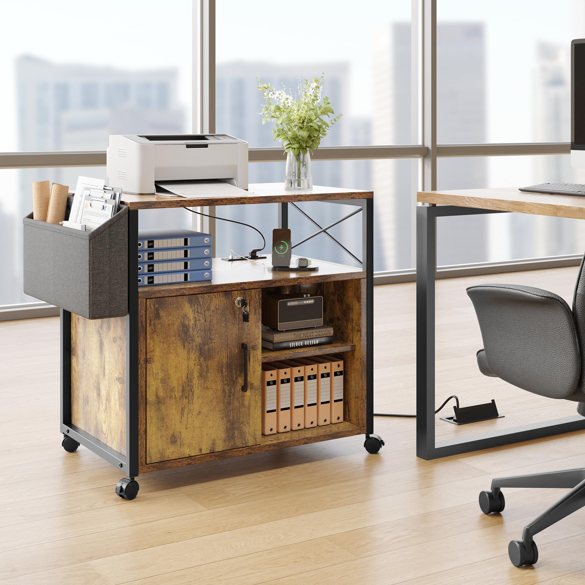 Dextrus Lateral File Cabinet, Wood Printer Stand with Charging Station, Mobile Filing Cabinet with Open Storage Shelves and Side Pocket, Fits A4, Letter, Legal Size Files, Office Furniture, Brown
