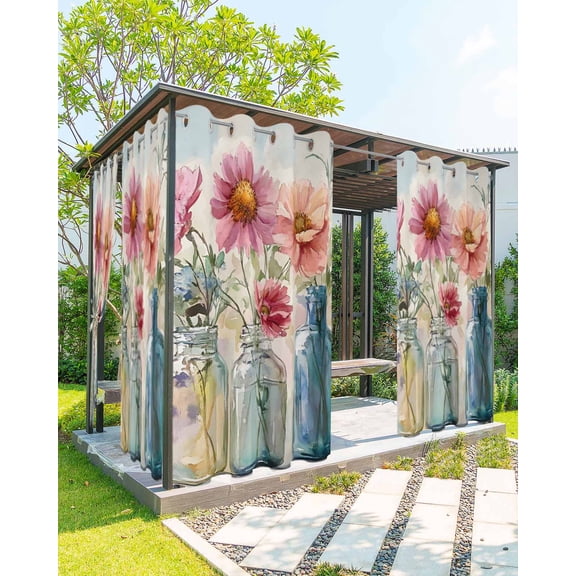 nqOlkjepod Outdoor Curtains for Patio Waterproof, Colorful Flowers Outdoor Privacy Panels Grommet, Country Retro Watercolor Spring Floral Blackout Outside Curtains for Porch/Cabana 54"x84", 1 Panel