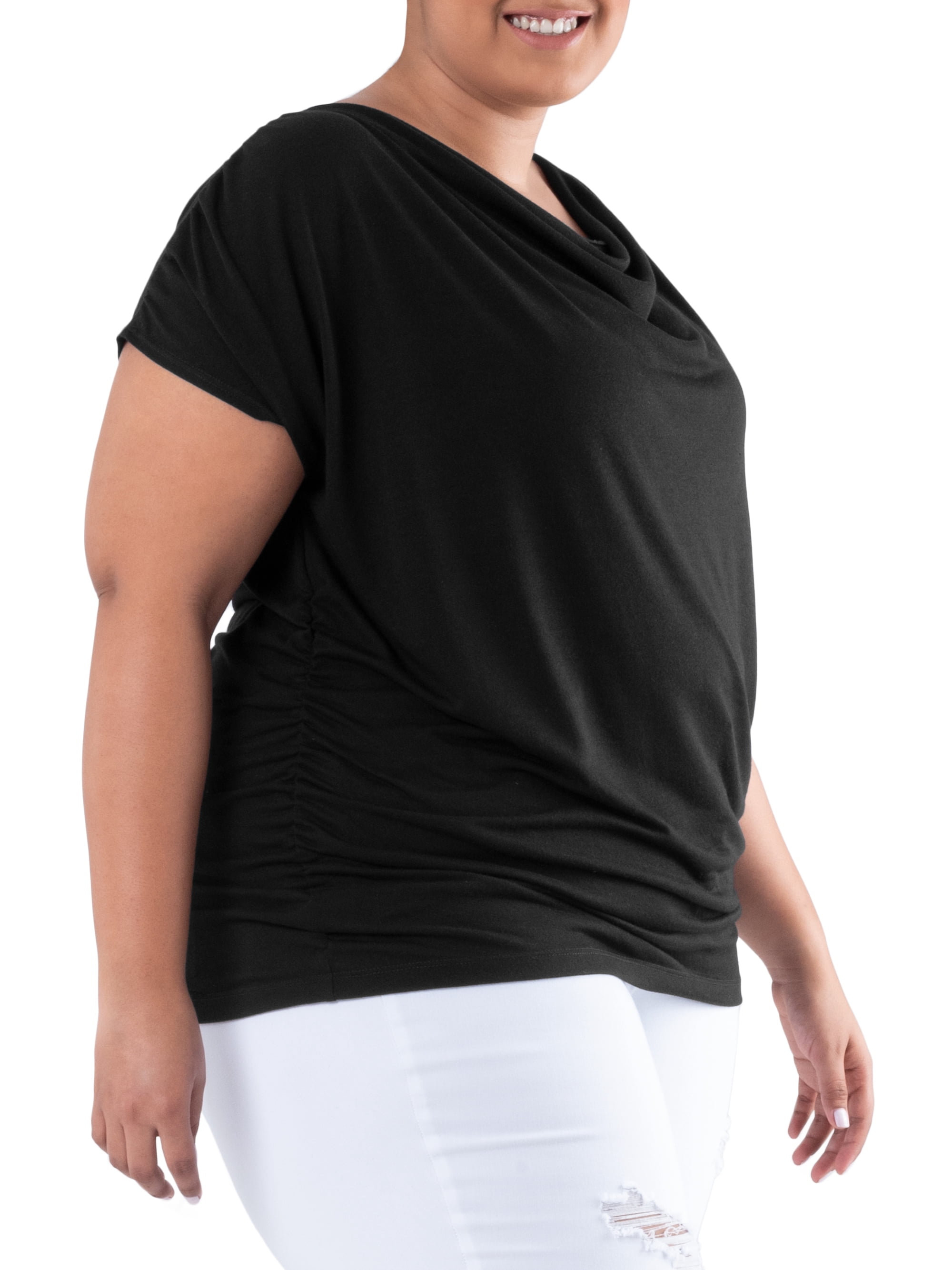 Wright's Women's Plus Size Draped Front Cowl Neck Short Sleeve Blouse Top, Size 1X-5X