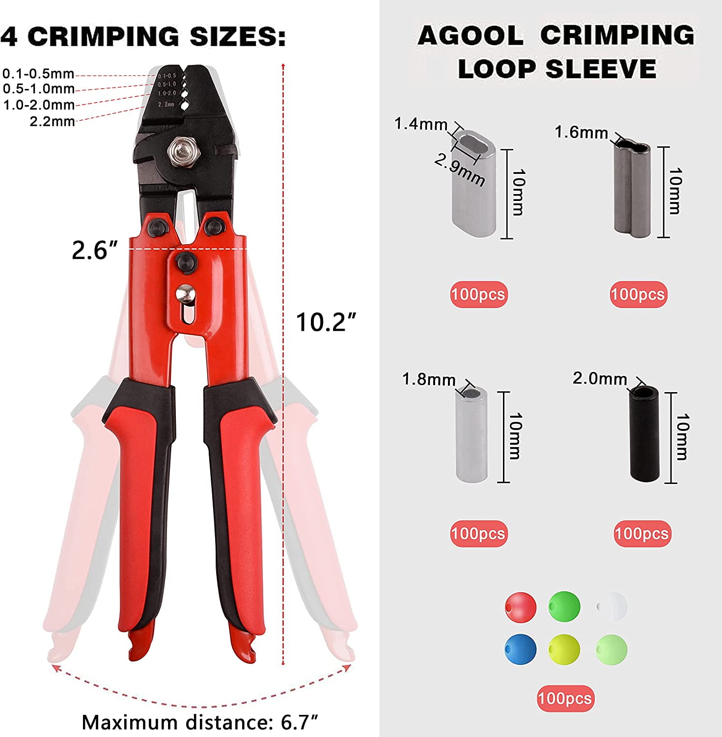 Fishing Crimping Tool Kit Fishing Crimping Pliers with 500pcs Crimp Sleeves Fishing Beads Fishing Pliers Wire Rope Leader Crimping Tool Aluminum Copper Loop Sleeves