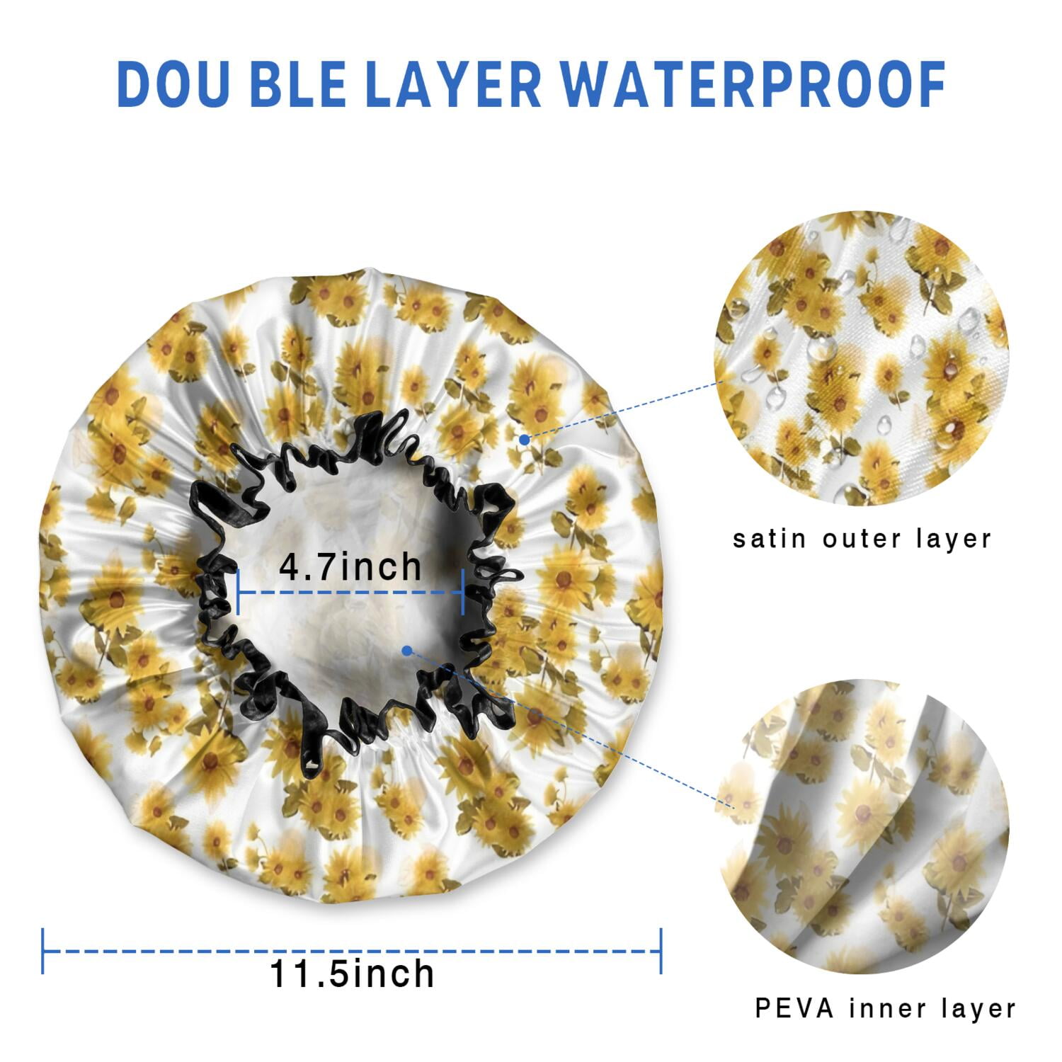 Shower Caps,White Yellow Flower Sunflower Pattern Waterproof Shower Cap for Women 4 Pieces,Double Reusable Hair Cover for Shower PEVA Elastic Stretch Hem