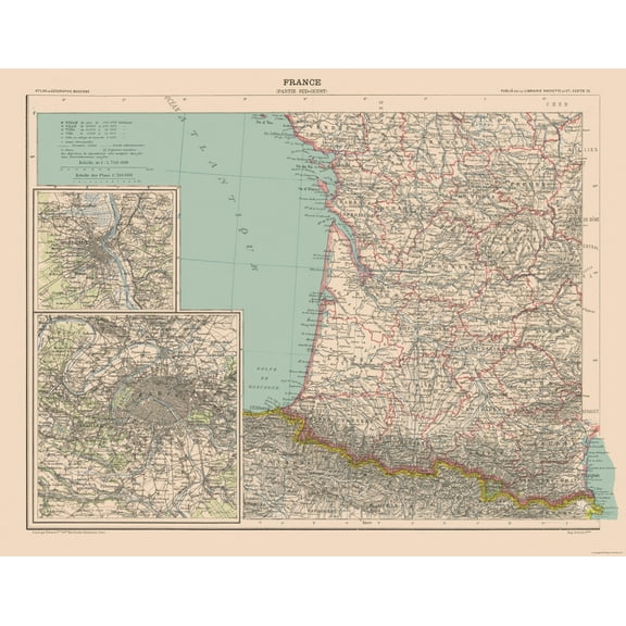 Historic Map - France Southwest - Schrader 1908 - Vintage Wall Art