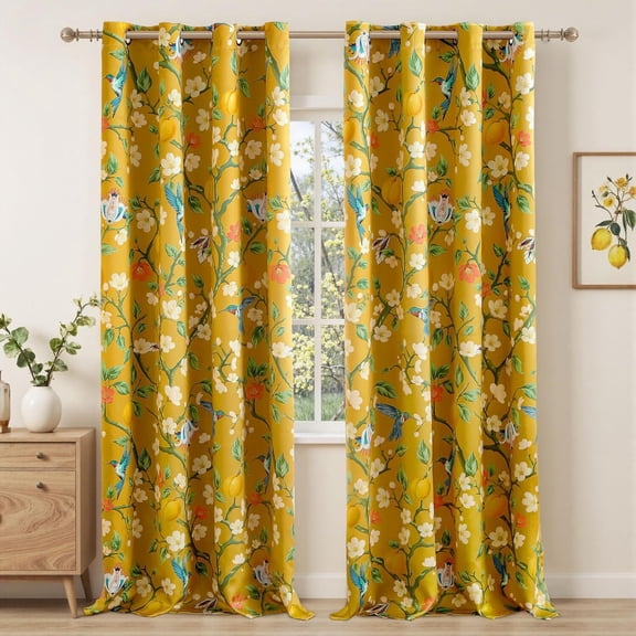 Floral Curtains 100% Blackout Vintage Hummingbird Black Out Curtain 84 Inches Long Thermal Insulated Window Drapes 2 Panels Grommet Room Darkening Curtains for Living Room Bedroom, 52x84in