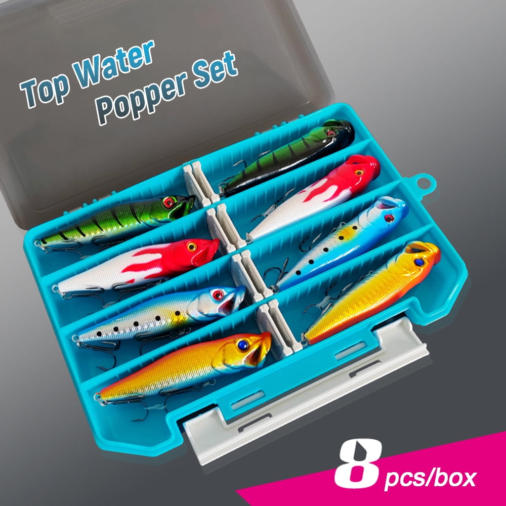 Elowen 3D Eyes Popper Lures Popper 8pcs Top Water Popper Lures 3D Eyes Artificial Fishing Lures with Hooks for Saltwater Freshwater Fishing