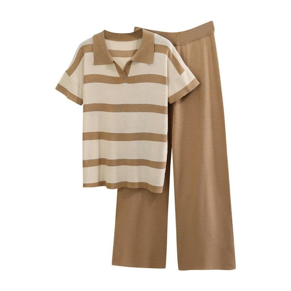 Scyoekwg 2 Piece Outfits For Women Fashion Casual Lapel V Neck Short Sleeve Tops Elastic Waist Wide Legs Pants Sets (Khaki,Free Size)