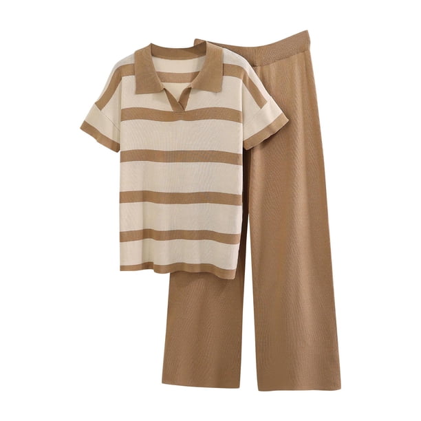 Pantalones Casuales de Mujer Cuello Redondo Manga Corta Tops Y Elástico de la Cintura Pantalones Largos Conjuntos, Desgaste Casual