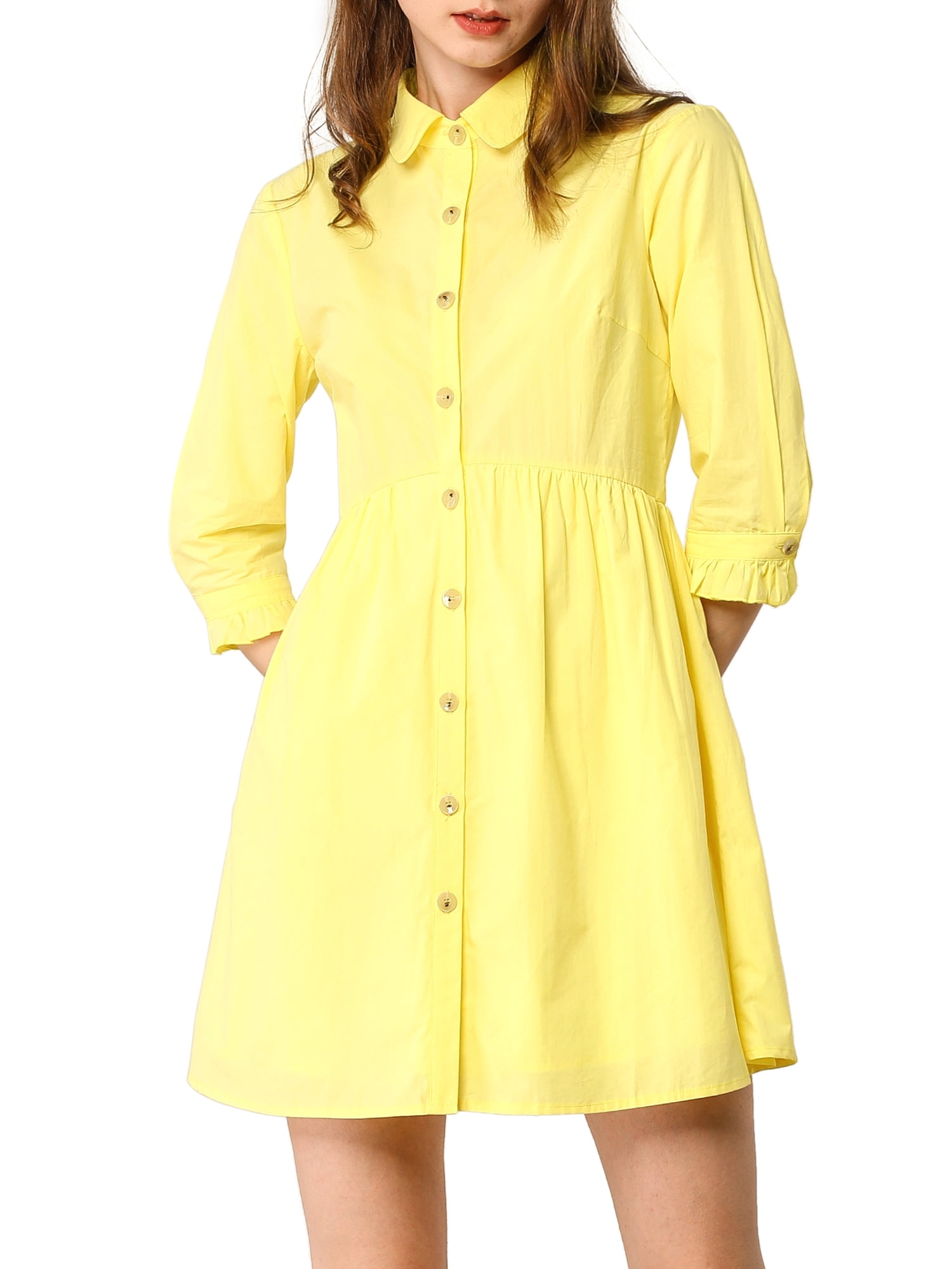 DARING DIVA Elegant Collar Flare 3/4 Sleeve Button Mini Shirt Dress M Lemon Yellow
