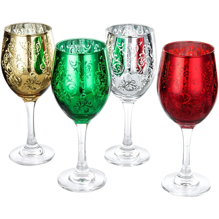Clear Etched Flower & Leaf Stem Wine Glasses, Set of 4 