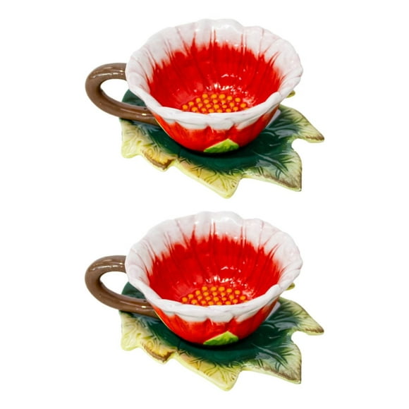 Juego 2 Tazas Con Plato Galerias El Triunfo Porcelana Diseño Flor Naranja Con Blanco Y Hoja Verde