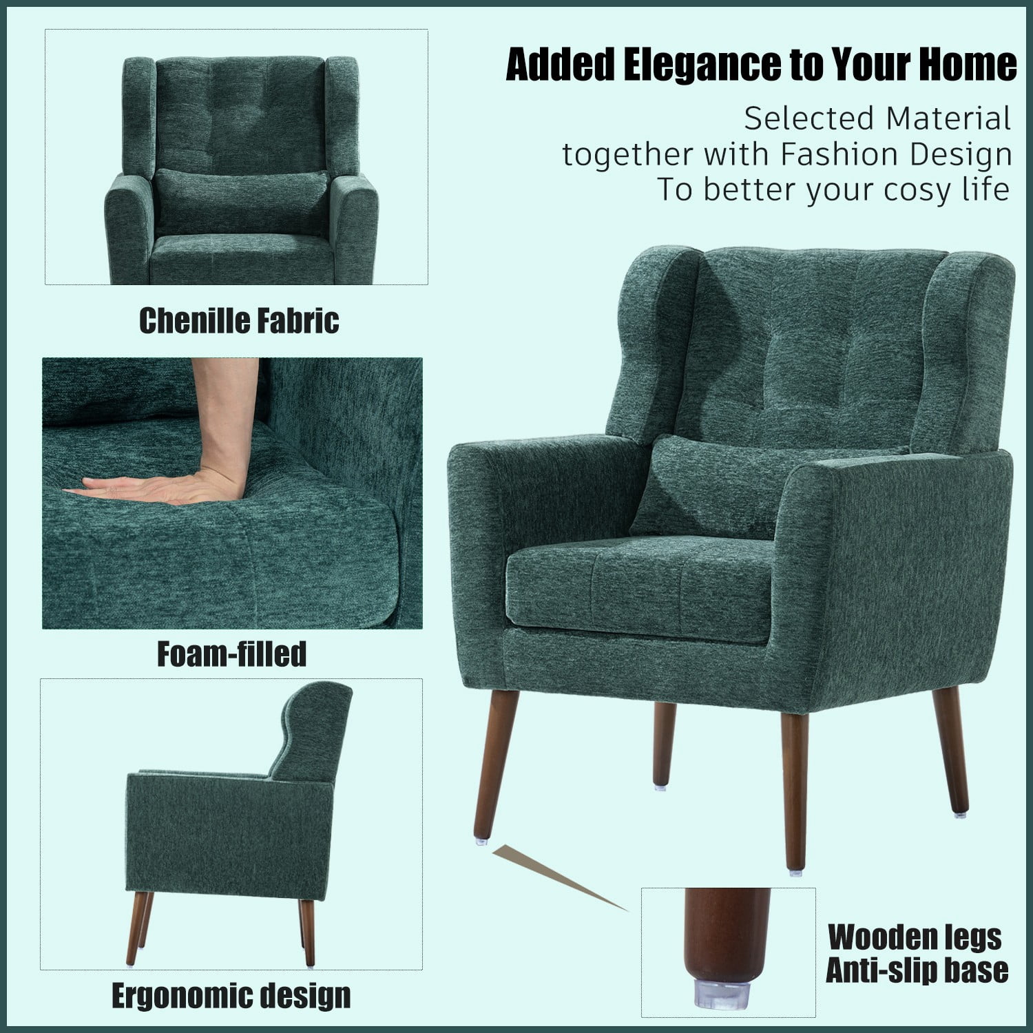 Modern Chenille Accent Chair with Pillow, Upholstered Armchair with Solid Wood Legs, Ergonomic Lounge Chair for Living Room, Bedroom, Reading Room, Small Space, Blackish Green