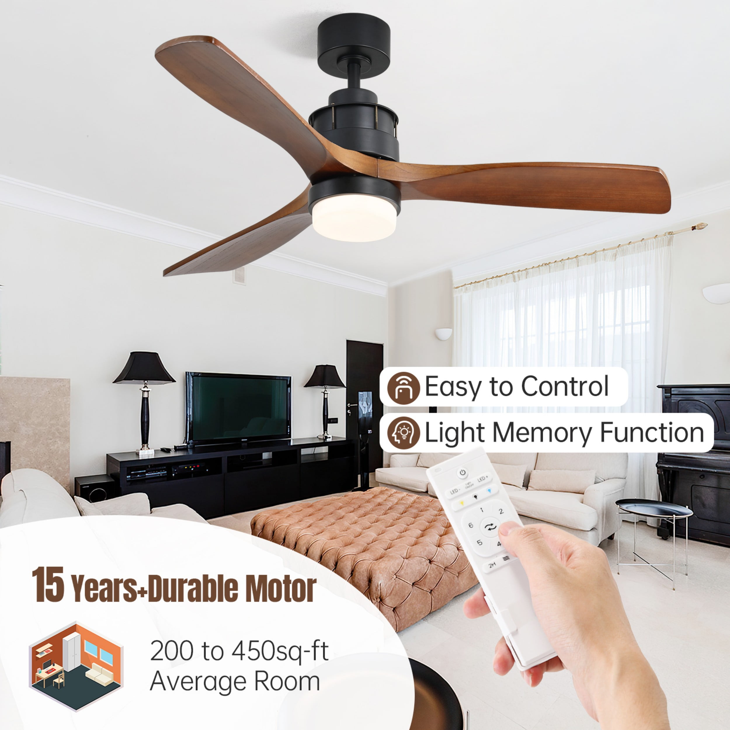 Sofucor 60 Inch Ceiling Fans with Lights and Remote Control, Modern Solid Wood Outdoor Ceiling Fan with Light for Bedroom Living Room Indoor Farmhouse Patio, Quiet DC Motor