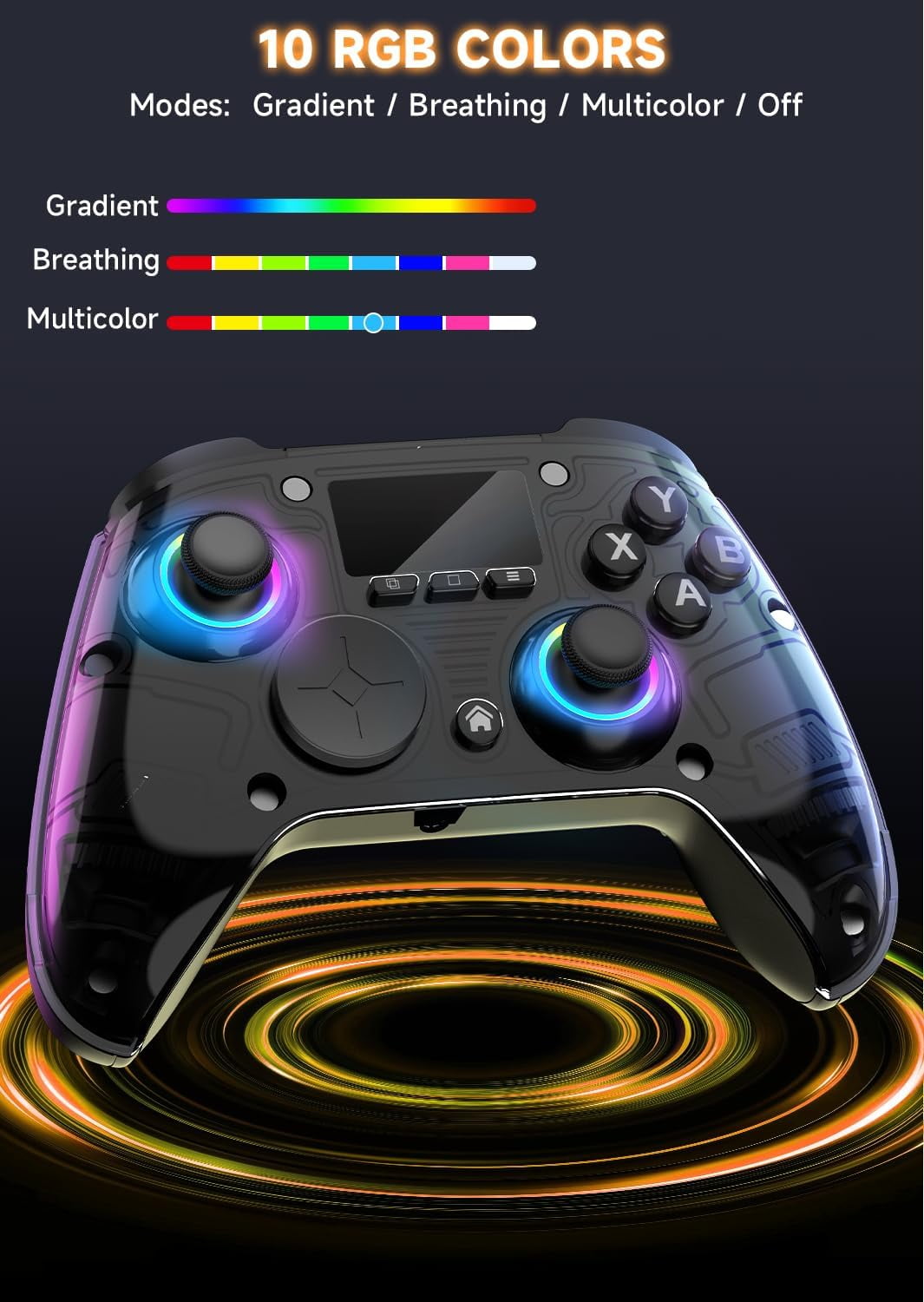AOC Wireless Gaming Controller for PC, Steam, PS4, iOS, Android, Interactive Screen, Hall Effect Joystick and Triggers, RGB Lighting, Adjustable Vibration/Turbo, Black(Not for Xbox, PS5)