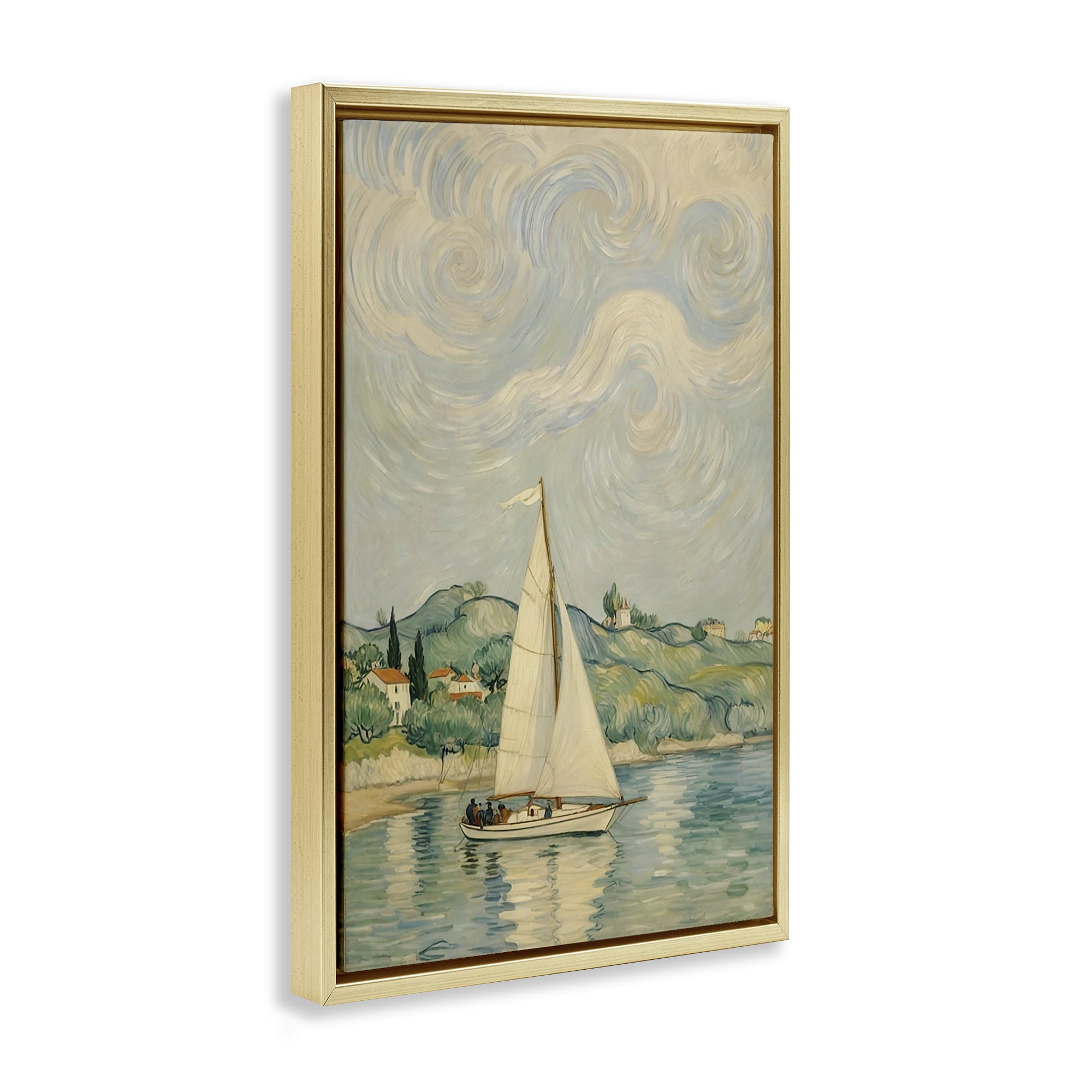 Stupell Industries Sailboat Beneath Swirling Clouds Gold Framed Floater Canvas Wall Art, design by Angie Hawke