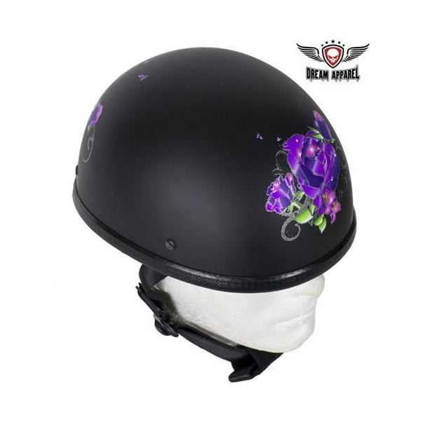 Womens Flat Black Novelty Motorcycle Helmet with Purple Rose