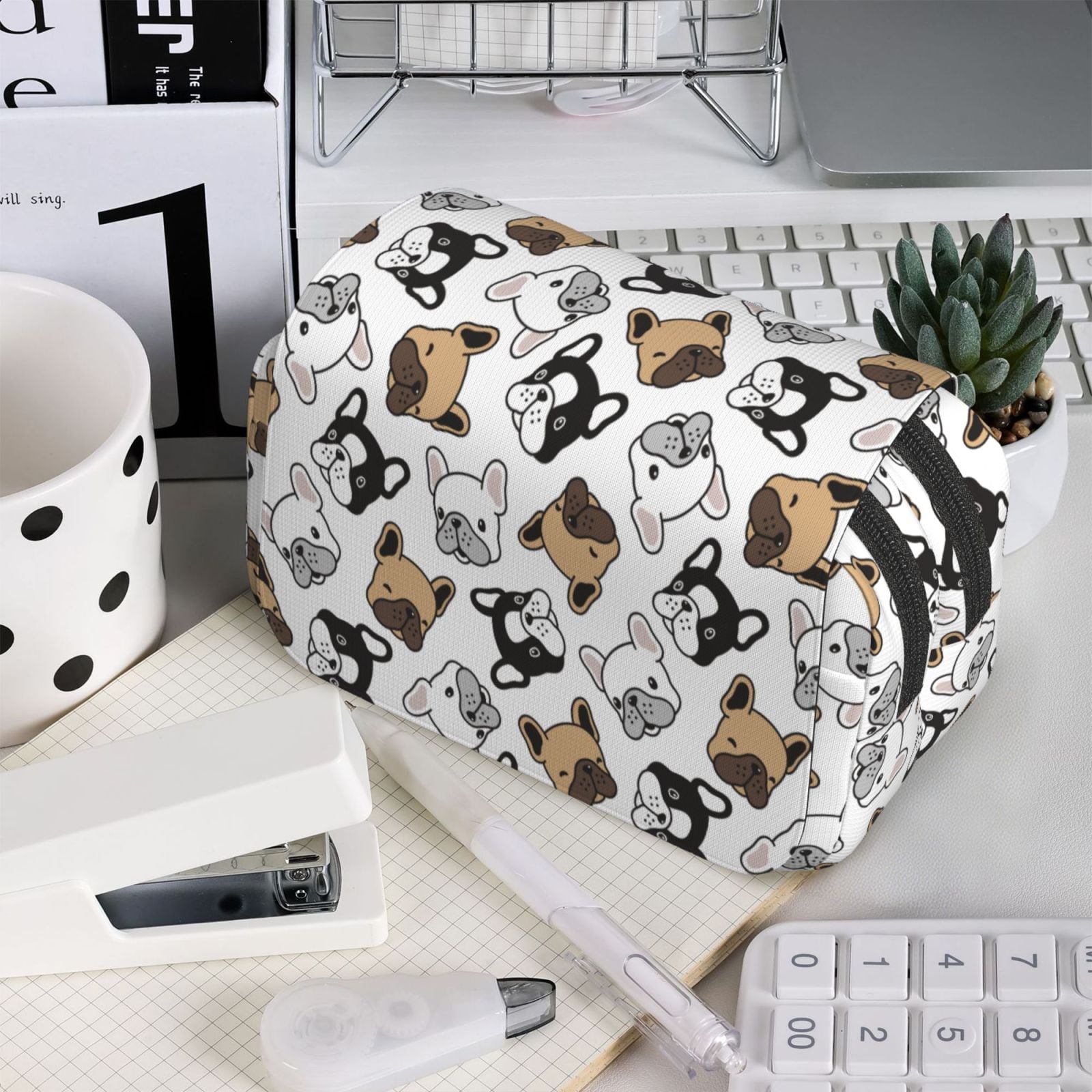 Rateoe French Bulldog3 Pattern Double Clamshell Pen Case, Storage Organizer with Two Zipper Compartments– Holds Up to 50 Pencils & Pens