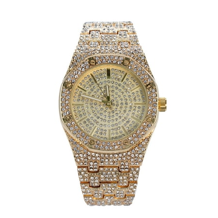 14k Solid Gold Watch - Men's 14k Gold Tone Iced Out Octagon Dial Watch with Simulated Diamonds
