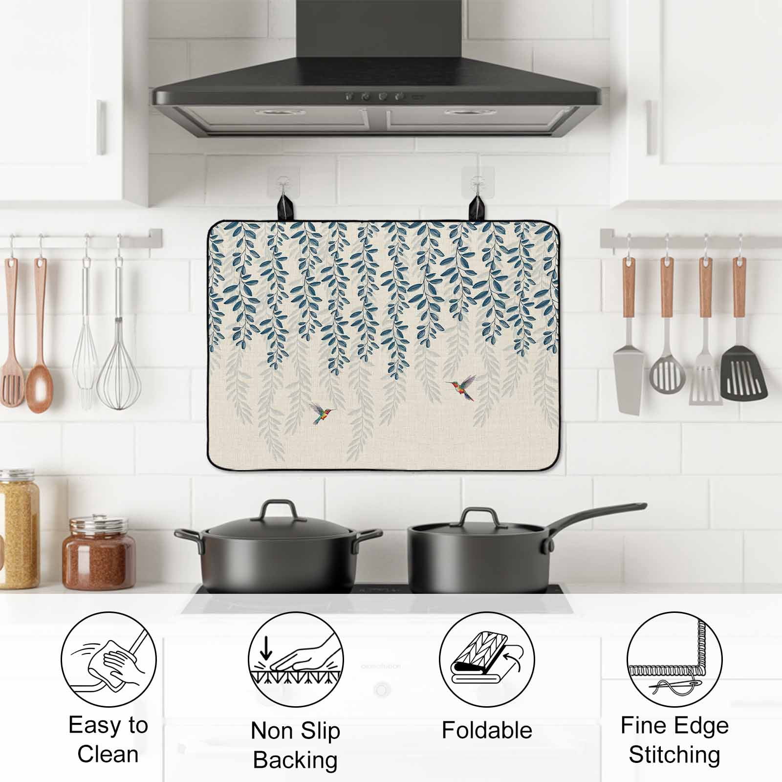 Teal Leaves, Stove Top Cover for Electric Stove, Heat-proof & Non Slip Glass Top Stove Cover Protector, Farmhouse Country Botanical Animal Bird Kitchen Flat Cooktop Rubber Mat 31x24 Inches