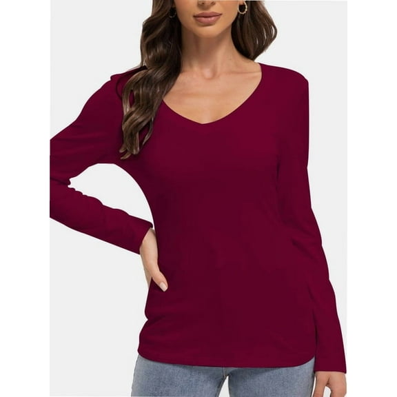 Women Shirts V Neck Long Sleeve Tops T-Shirt Basic Tees