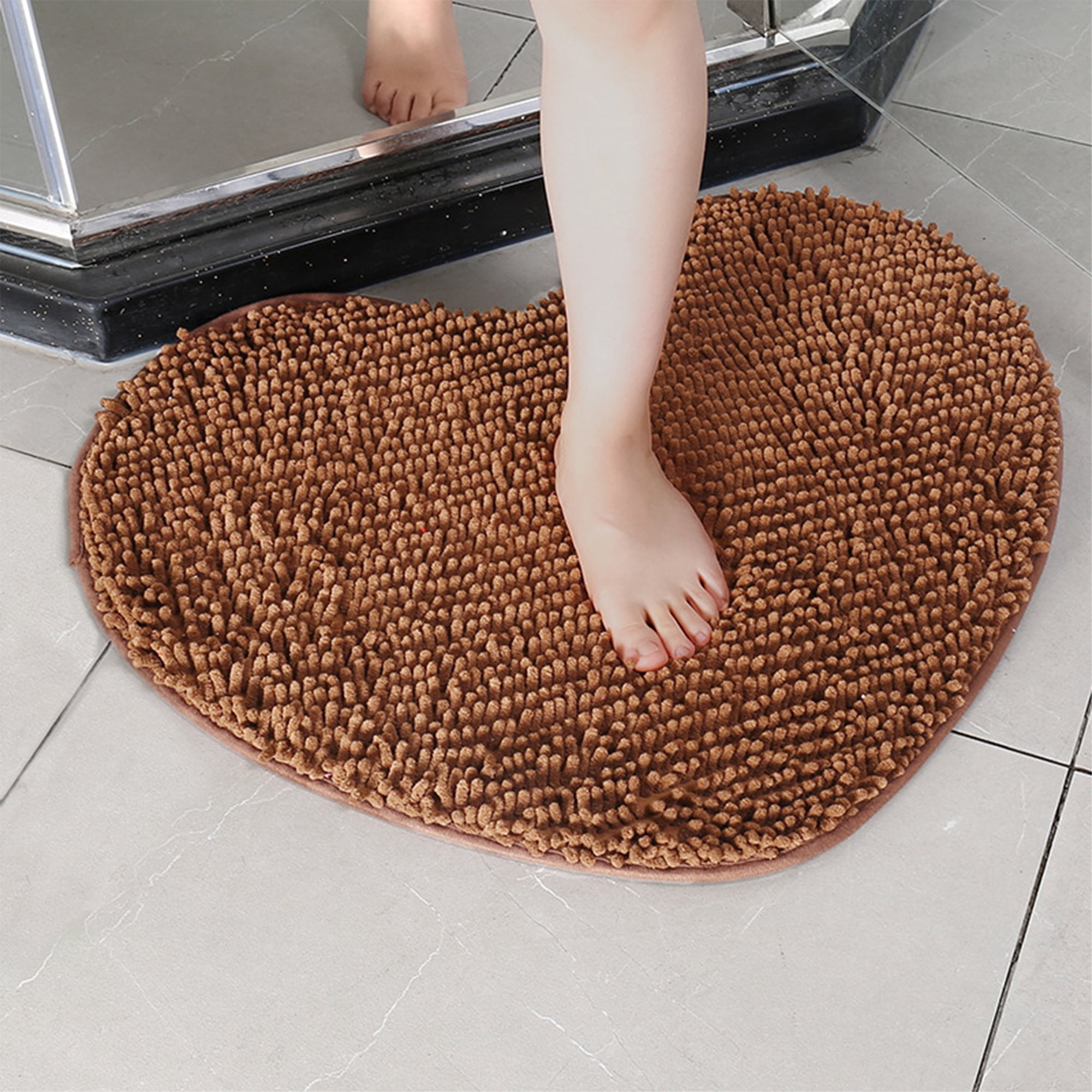Unique Bargains Heart Shaped Chenille Bath Rugs Soft Shaggy Bath Mat Brown 20" x 24"