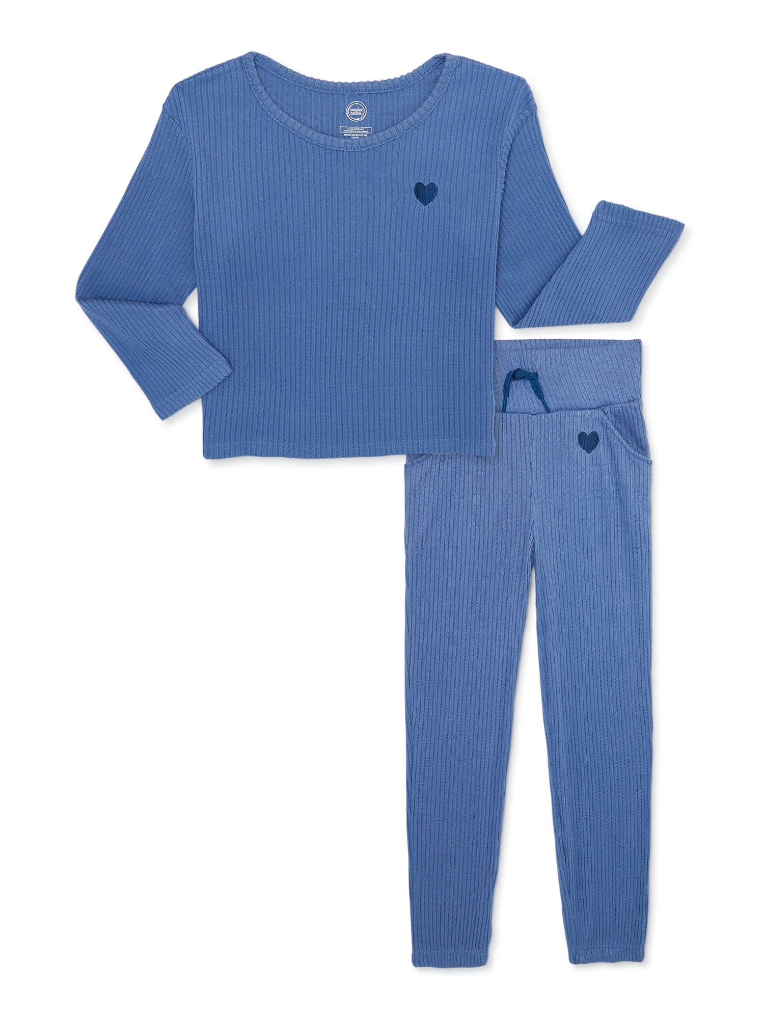 Wonder Nation Girls Cozy Rib Long Sleeve and Pant Pajamas Set, Sizes 4-18 & Plus