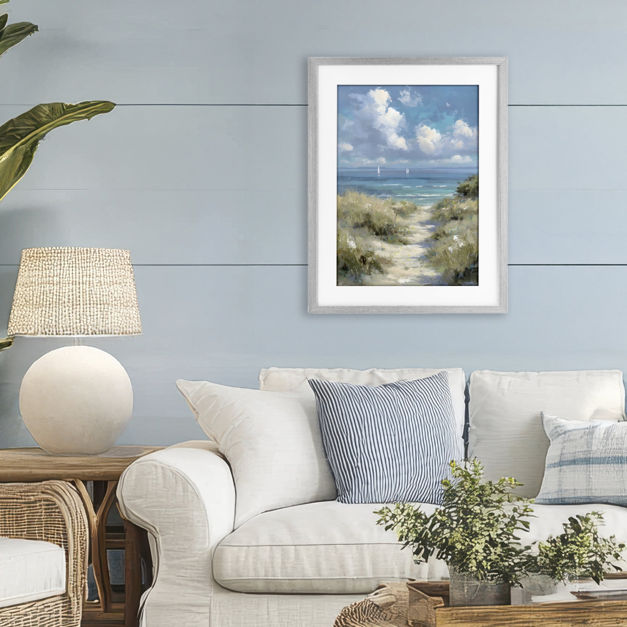 Stupell Industries Impressionist Clouds over Beach Path Gray Framed Print Under Glass, design by Petal Prints Design