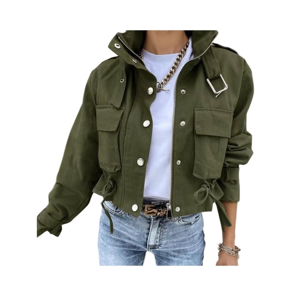 Chaqueta Corta para Mujer con Cremallera, Botones A Presión, Cuello Alto Informal, Cintura con Cordón y Chaquetas de Otoño. Verde L