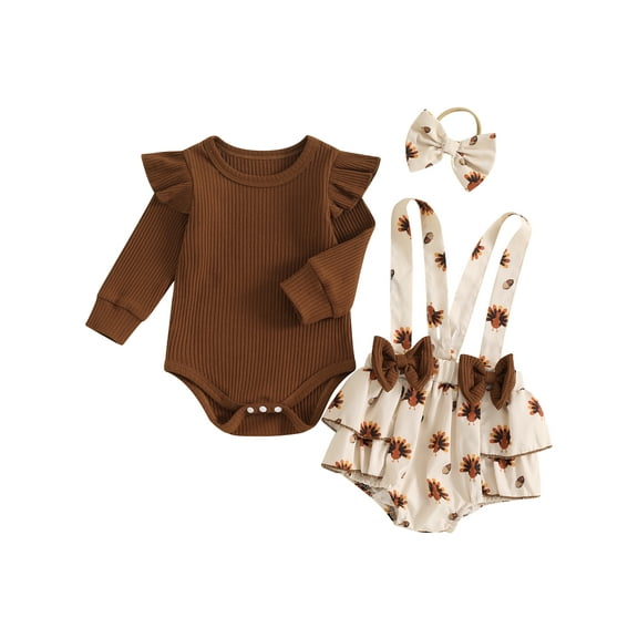 Suealasg Baby Girl Thanksgiving Outfit 3Pcs Newborn Girls Fall Clothing 3 6 12 18 Months Infant Girls Long Sleeve Ribbed Romper   Turkey Overall Pants  Headband Set