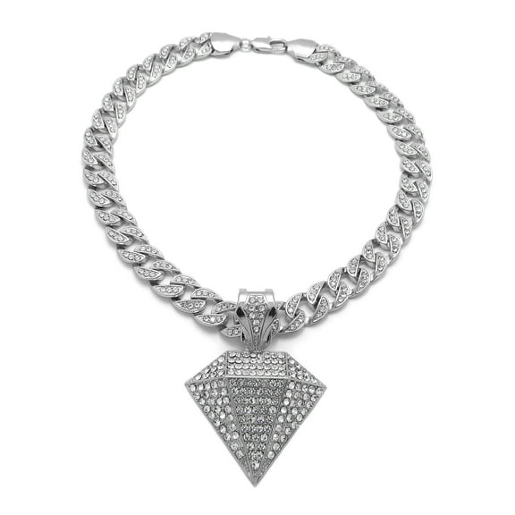 iJewelry2 Diamond Shape Shiny Crystals Encrusted Pendant Silver-tone Cuban Linked Chain Necklace 18''