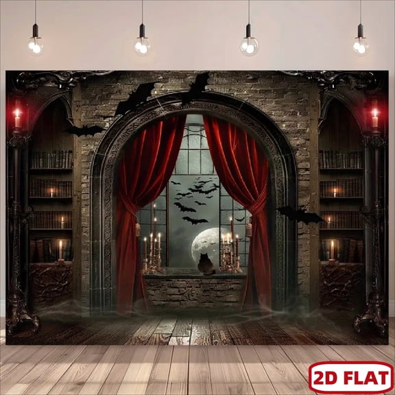 1pc Large Gothic Castle Window tapestry with Black Bats, Red Curtains & Full Moon - Victorian Vampire Bat Design Haunted House Party Decorations,Banner for Vampire Parties,Halloween,Weddings & Gothic