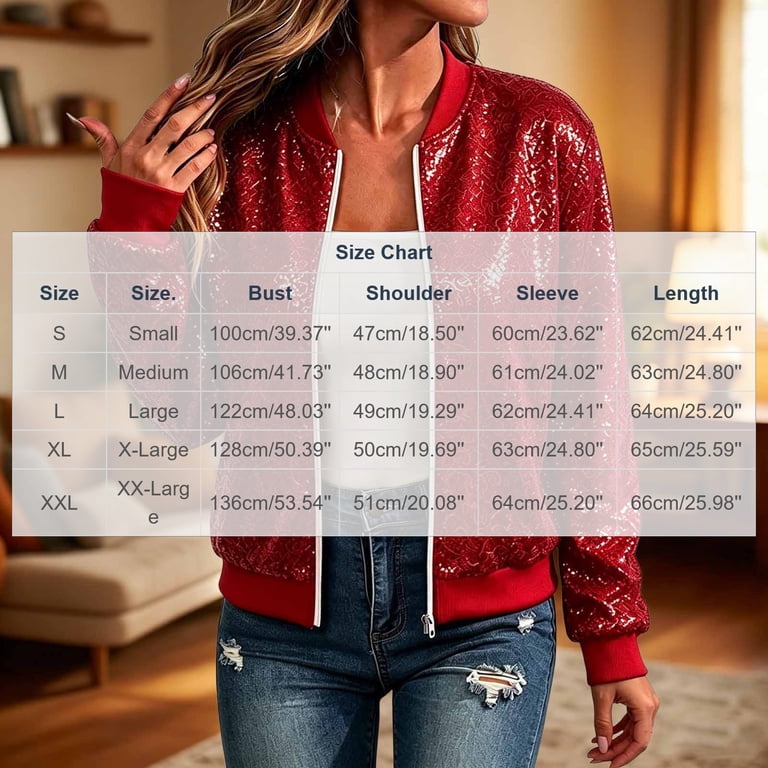 Czstvyn Women's Long Sleeve Jacket - Zip-Up Zipper Sequin Crew Neck Hip ...