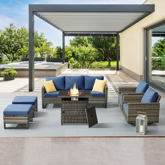 OPOHORO 6 Pieces Patio Furniture Set with Fire Pit, Outdoor Conversation Set with Gray Wicker Patio Couch, Swivel Chair, Ottoman, and Propane Fire Pit Table, Ideal for Porch Balcony Garden in Blue