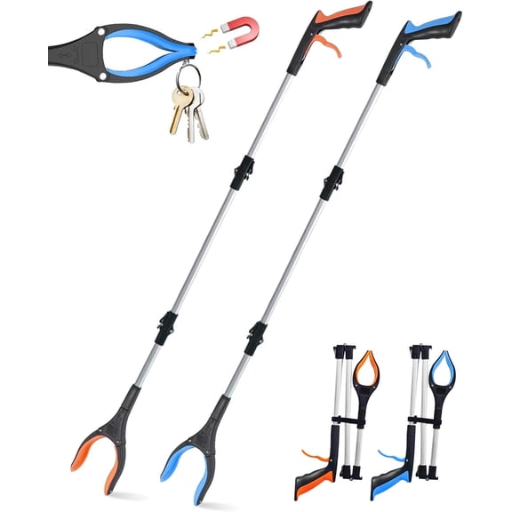 2-Pack 43" Heavy Duty Grabber Reacher Tool, Foldable with 360° Rotating Jaw, Magnetic Tip, Ergonomic Grip, Wide Claw for Trash Pickup, Gardening & Reaching High Shelves – Ideal for Seniors