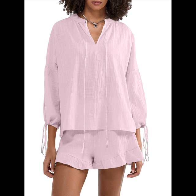 Conjunto de Dos Piezas para Mujer: Top de Larga con Lazo y Bóxer con Volantes Conjunto Informal A Juego Rosa L