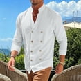 thumbnail image 6 of hoksml Men's Mandarin Collar Double Breasted Long Sleeve Linen Blend Shirt Breathable Loose Fit Casual Beach Button Down Shirt, 6 of 8